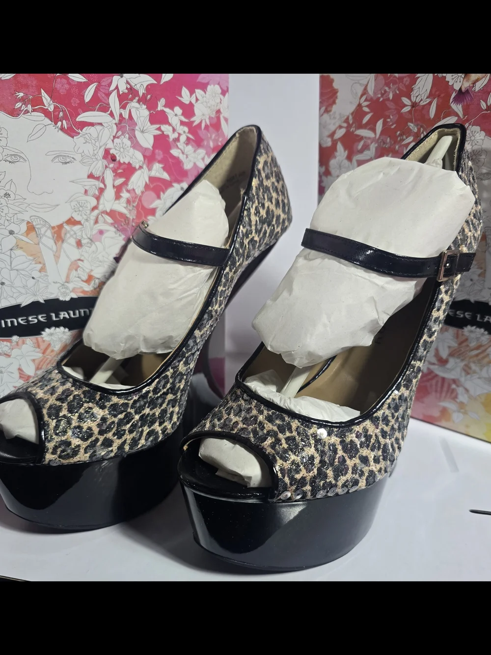Chinese Laundry Gold and Black Leopard Wedge Mary Jane Heels